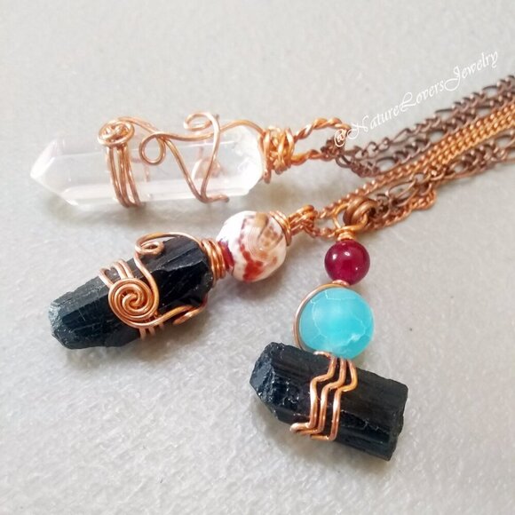 Mixed Gemstone Beads Pendant & Copper Chain: Black Tourmaline + Fire Agate - Picture 6 of 7